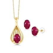 Gem Stone King 10K Yellow Gold Oval Red Ruby and White Diamond Pendant and Earrings Jewelry Set for Women (1.81 Cttw, Gemstone Birthstone, with 18 inch Chain)