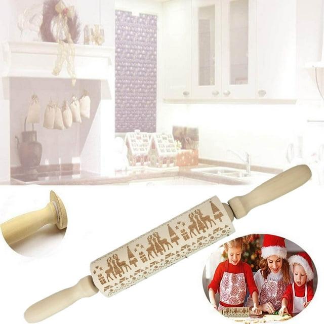 Agiferg Christmas Rolling Pin Engraved Carved Wood Embossed Rolling Pin Kitchen Tool
