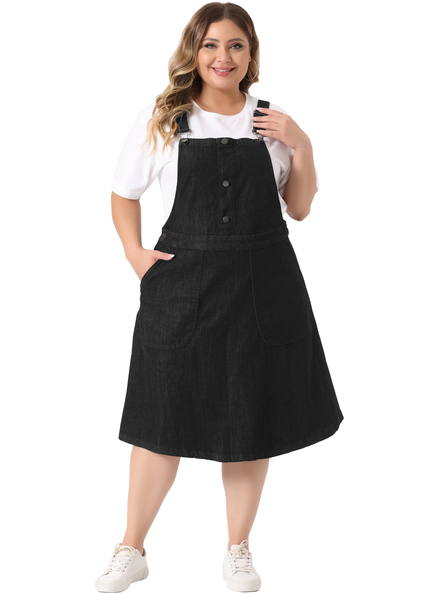 Unique Bargains Women's Plus Size Overall Button Up Adjustable Strap Denim Dress 3X Black