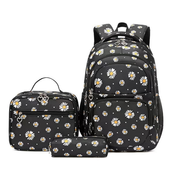 3-Piece Backpack Set,Large Capacity Daisy Print Backpack with Insulated Lunch Bag & Pencil Pouch,Waterproof with Laptop Compartment & Side Pocket