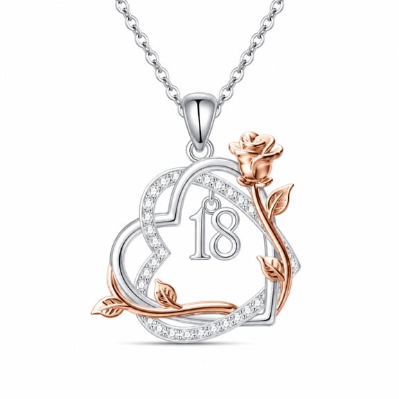 Taioiat 18th Birthday Gifts White Gold Plated Heart Rose Number 18 Pendant Necklace with Cubic Zirconia Jewelry Gifts for Girlfriend Granddaughter Sister