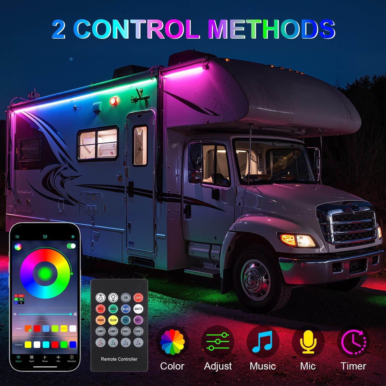 16.4FT RV Awning Lights with App / Remote Control, 12V Camper LED Light Strip with Music Sync, IP65 Waterproof Underglow LED Light Kit for Motorhome, Travel, Trailers, Outdoor Camping, Party BBQ