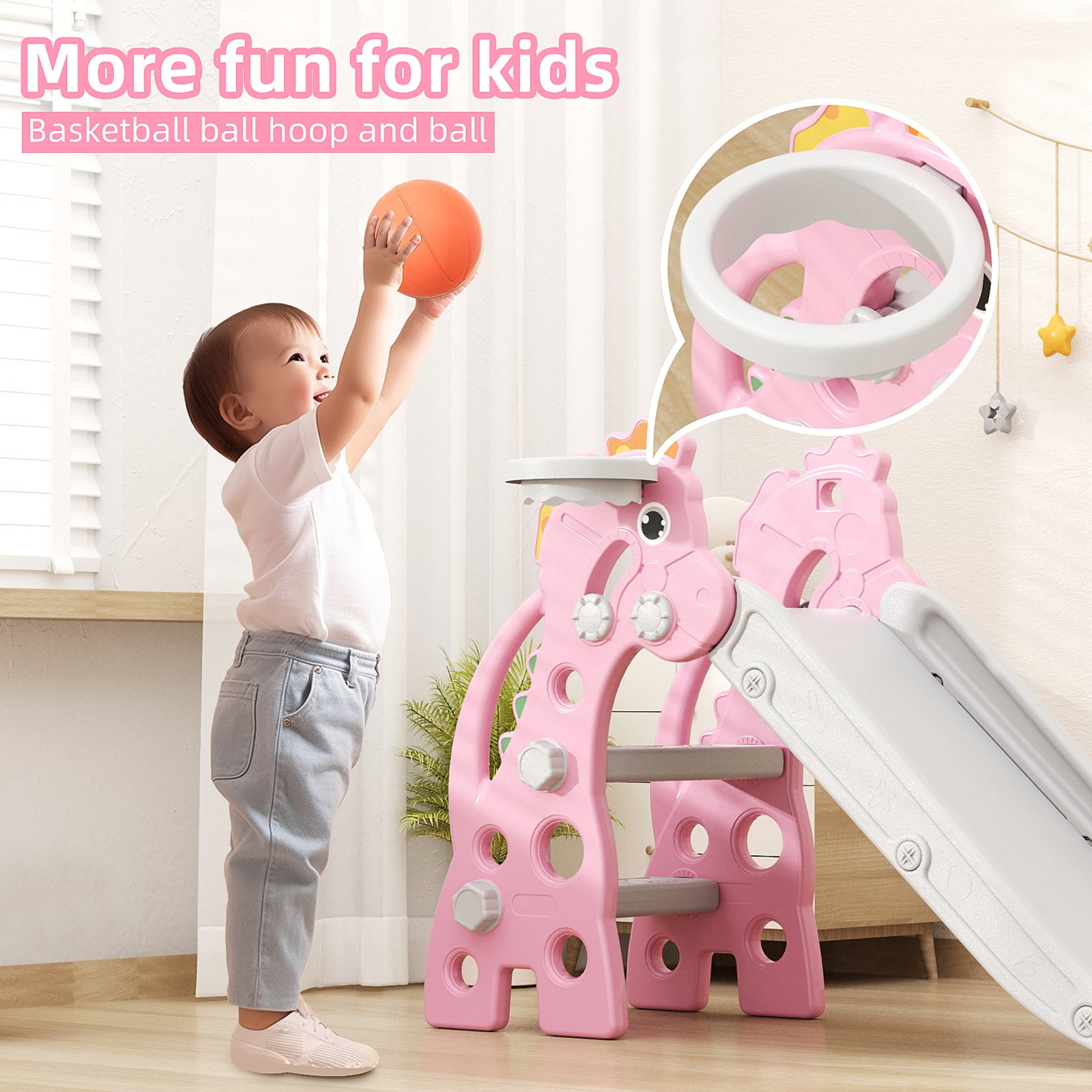 KORIMEFA Toddler Slide Indoor Slide for Toddlers Age 1-3 Kids Indoor Outdoor Slide Baby Plastic Play Slide with Basketball Hoop and Ball Foldable Slide, Pink