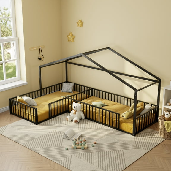 Euroco Metal L-Shaped Twin Size House Platform Bed, Double Montessori Bed with Fence, Black