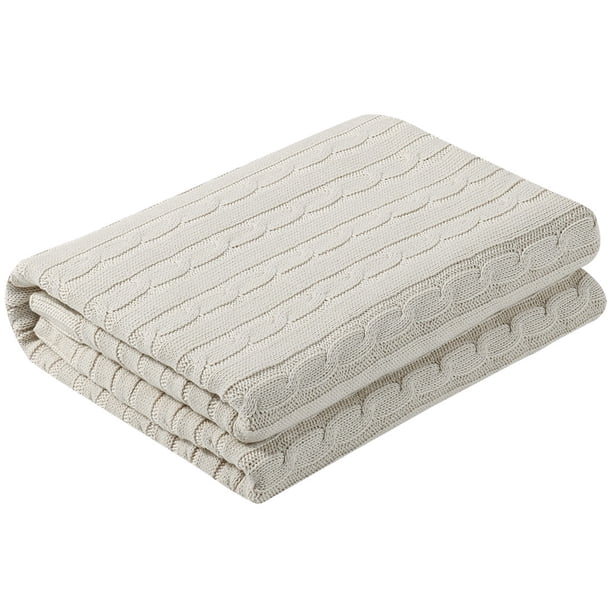 Suave 100% Algodón Punto Manta para Sofá y Diván Ligero Cable Tejida Cobija Casa Decorativo Cobija Beige 60 x 78