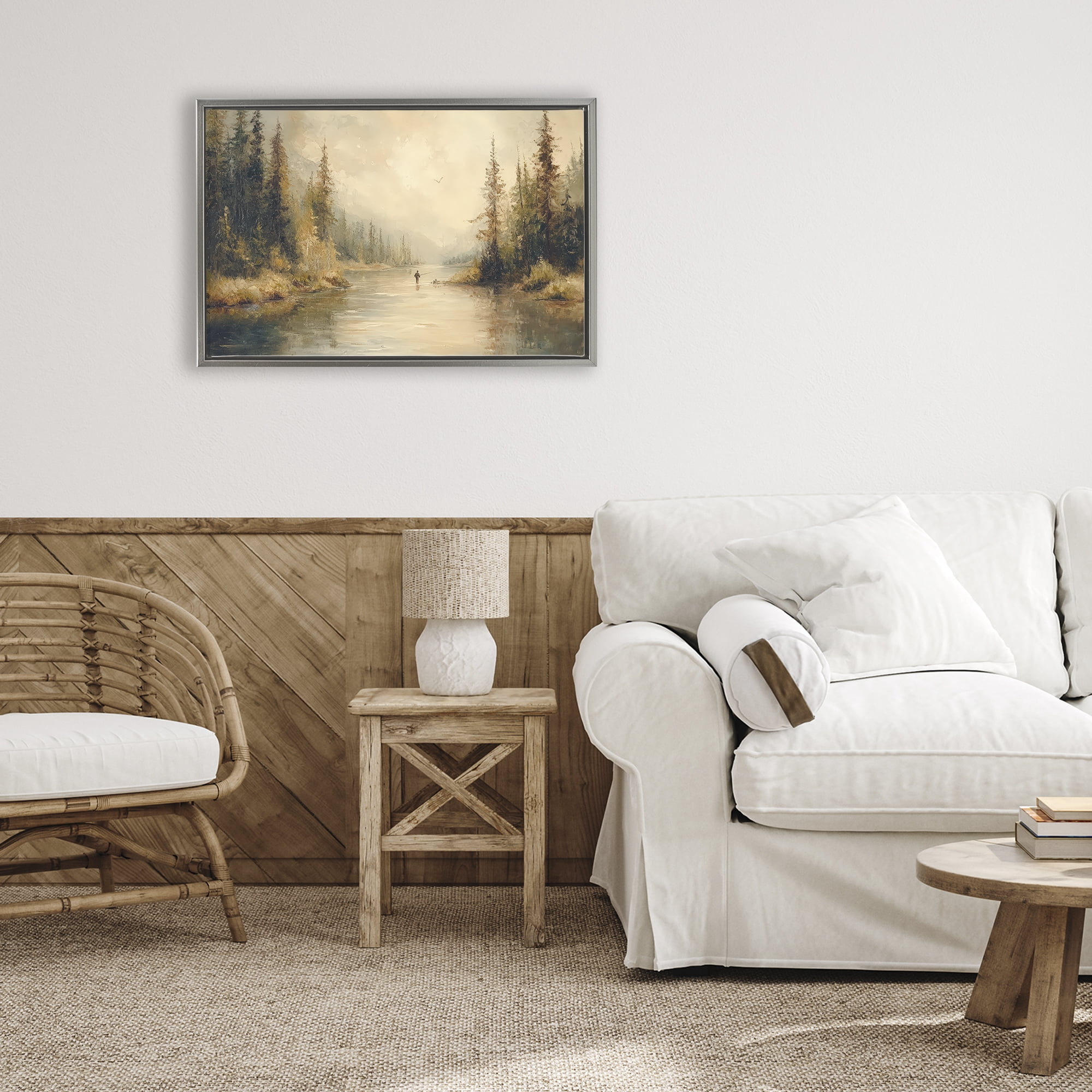 Stupell Industries Fly Fisher at Misty River Gray Framed Floater Canvas Wall Art, design by Petal Prints Design
