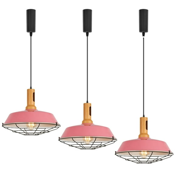 KAYYELAMP Set of Three H-Type Track Light 3.2Ft Adjusted Cord Wood Base Pink Metal Shade Black Cage Vintage Design Track Lamp for Dining Table Kitchen Home(No Bulb, Track)