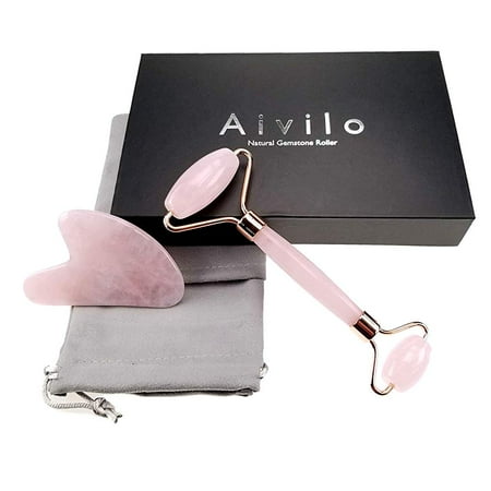 Jade Face Massage Roller Aivilo Rose Quartz Roller and Gua Sha - 2 in 1 Facial Face Roller and Massaging Skin Healing Toning Massage Jade Roller Alternative (Rose Quartz - Pink) ()
