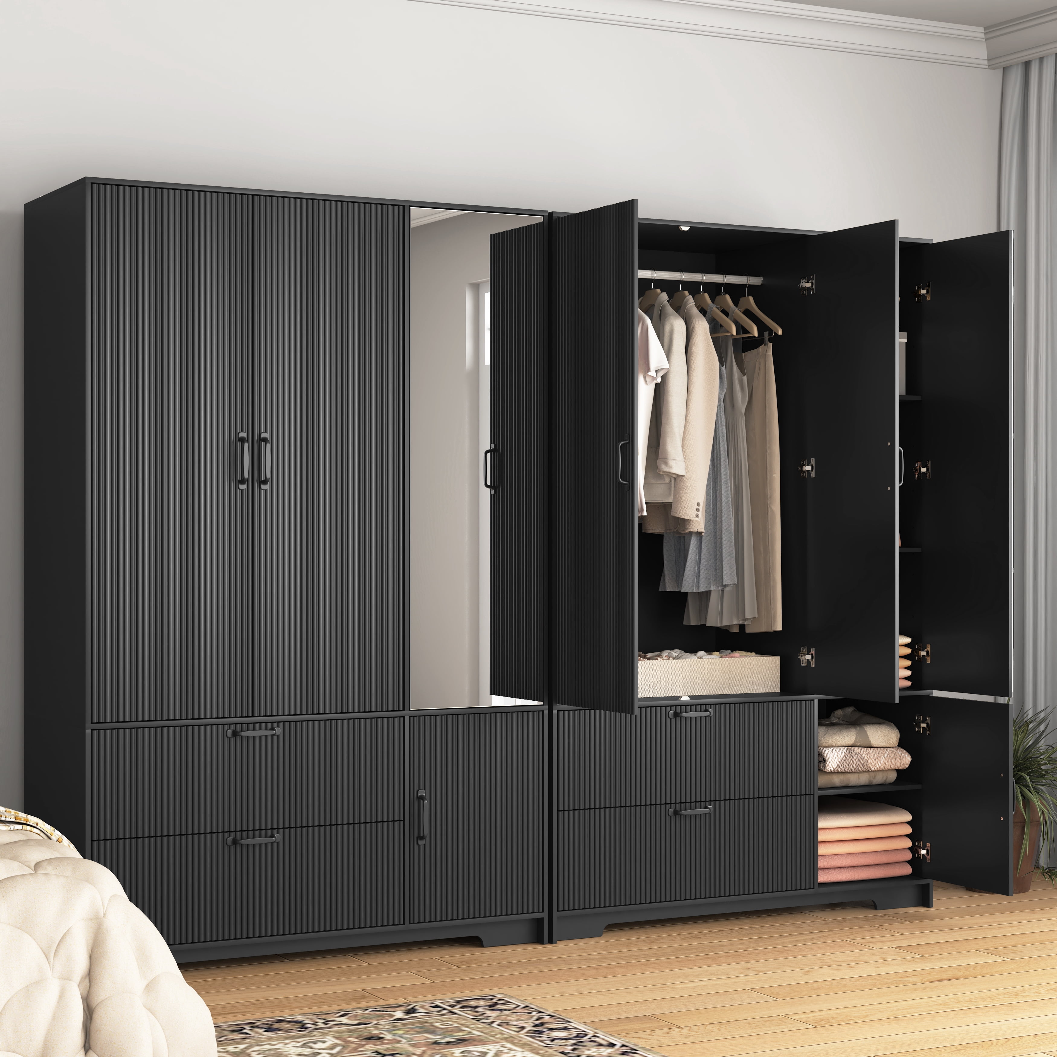 Mintazer Freestanding Wardrobe Armoire with Mirror & 4 Door, 71" Tall Clothing Storage Cabinet with Motion Sensor Light & 2 Large Drawers for Bedroom, Black