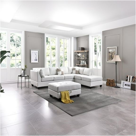 JERFIT White Modern Sectional Sofa Couch with Chaise, PU Leather Reversible L-Shaped Couch for Small Spaces, 3-Seater Living Room Furniture