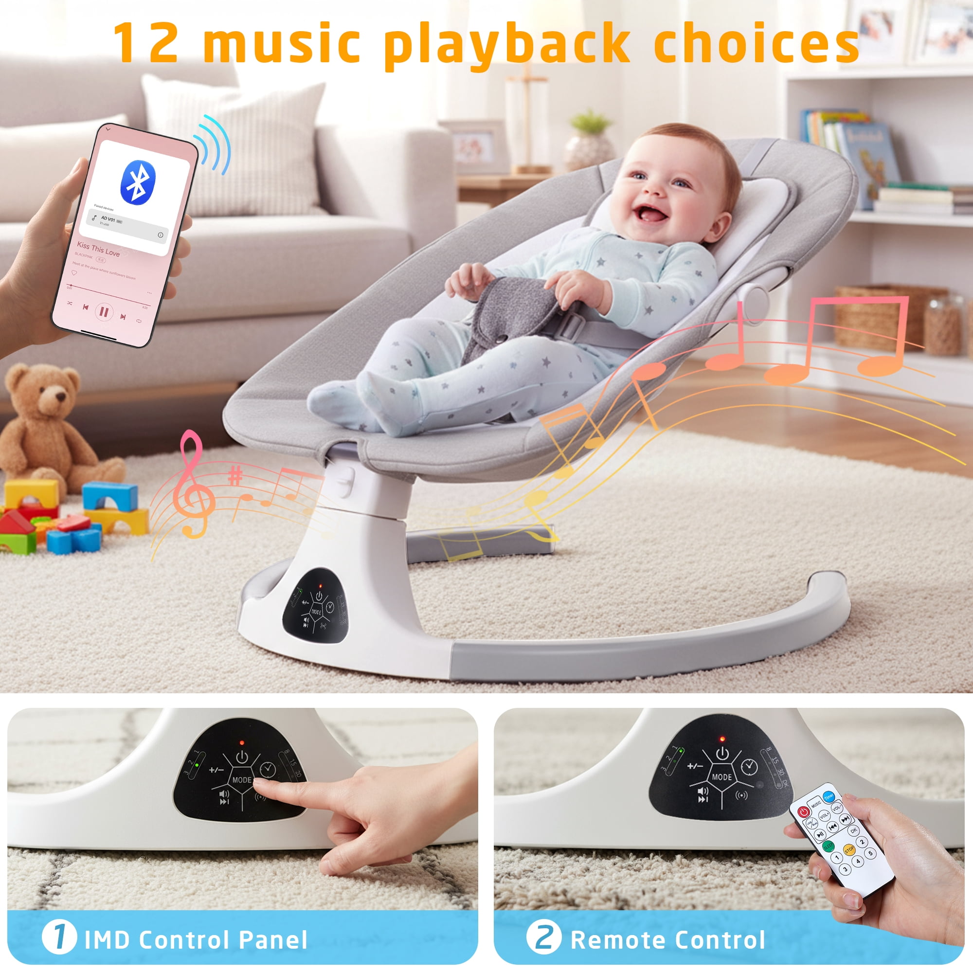 SACVON Baby Swing with Bluetooth Music and Remote Control, 5 Adjustable Settings, Portable, Suitable for Indoor and Outdoor Use, Gray