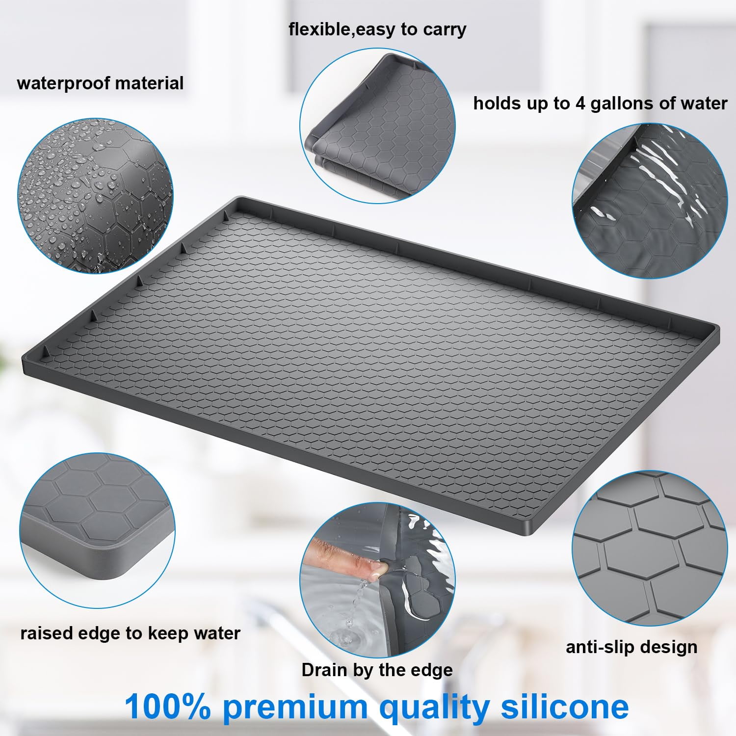 Aertyole 2 Pack Under The Sink Mat, 28" x 22" Waterproof Kitchen Cabinet Mat, Flexible Silicone Under Sink Liner, Kitchen Bathroom Cabinet Mat and Protector for Drips Leaks Spills (Gray)
