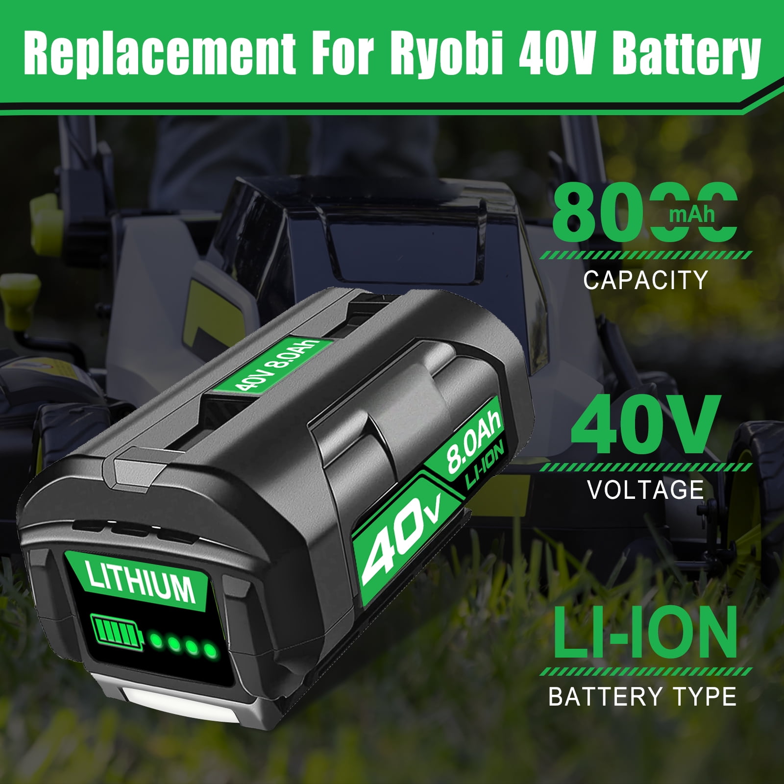 2 Pack 40V 8000mAh Replacement for Ryobi Battery Compatible with Ryobi 40v Battery Fits for Ryobi Battery 40v OP4060 OP4015 OP4026 OP40201 OP4040 OP40401 OP4050 OP40501 OP40601 with LED Indicator