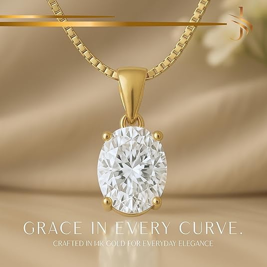 14K Solid Yellow Gold Lab Grown Moissanite Oval Cut Solitaire Pendant | Dangle Bail | 9x7mm 2.0 CTW | 16–18” Adjustable Box Link Chain| Fine Jewelry Luxury Gift | Birthday, Anniversary, Mothers Day