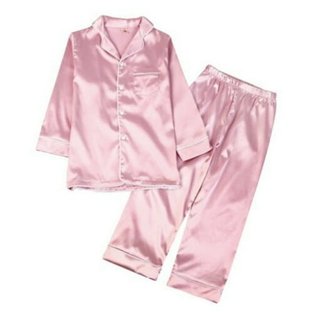 

BOOYOU Kids Boys Girls Summer Ice Silk 2 Piece Pajamas Set Long Sleeve Lapel Button Down Tops with Pants Solid Color Toddlers Sleepwear Nightwear Loungewear