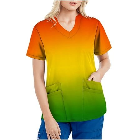 

Christmas Clearance SuoKom Scrubs Tops Women Tops Short Sleeve V-neck Tops Working Uniform Tie-Dye Gradient Rainbow Floral Print with Fours Pockets Blouse