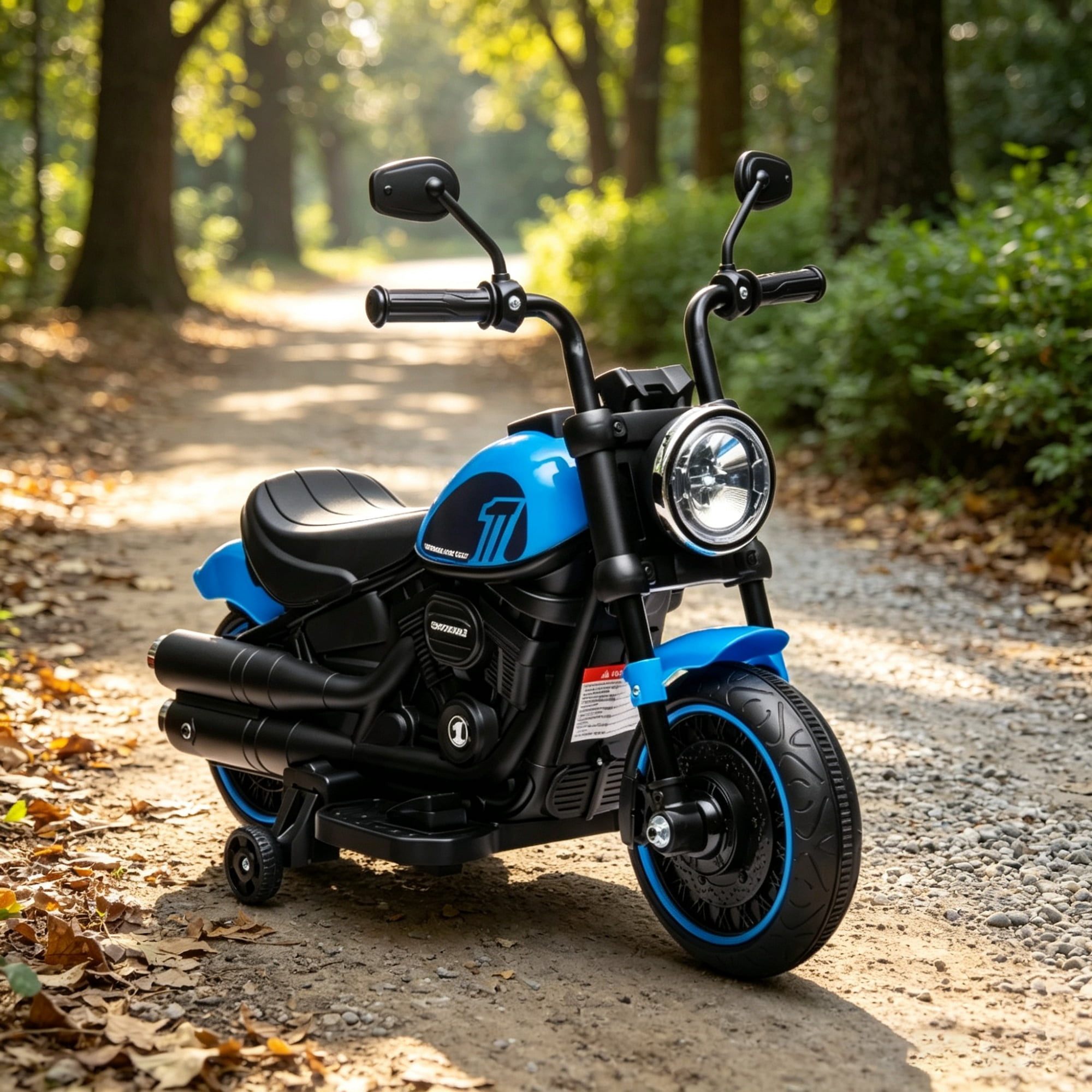 6V Kids Electric Motorcycle, Training Wheels, Single-Button Start Toddler Toy, Blue