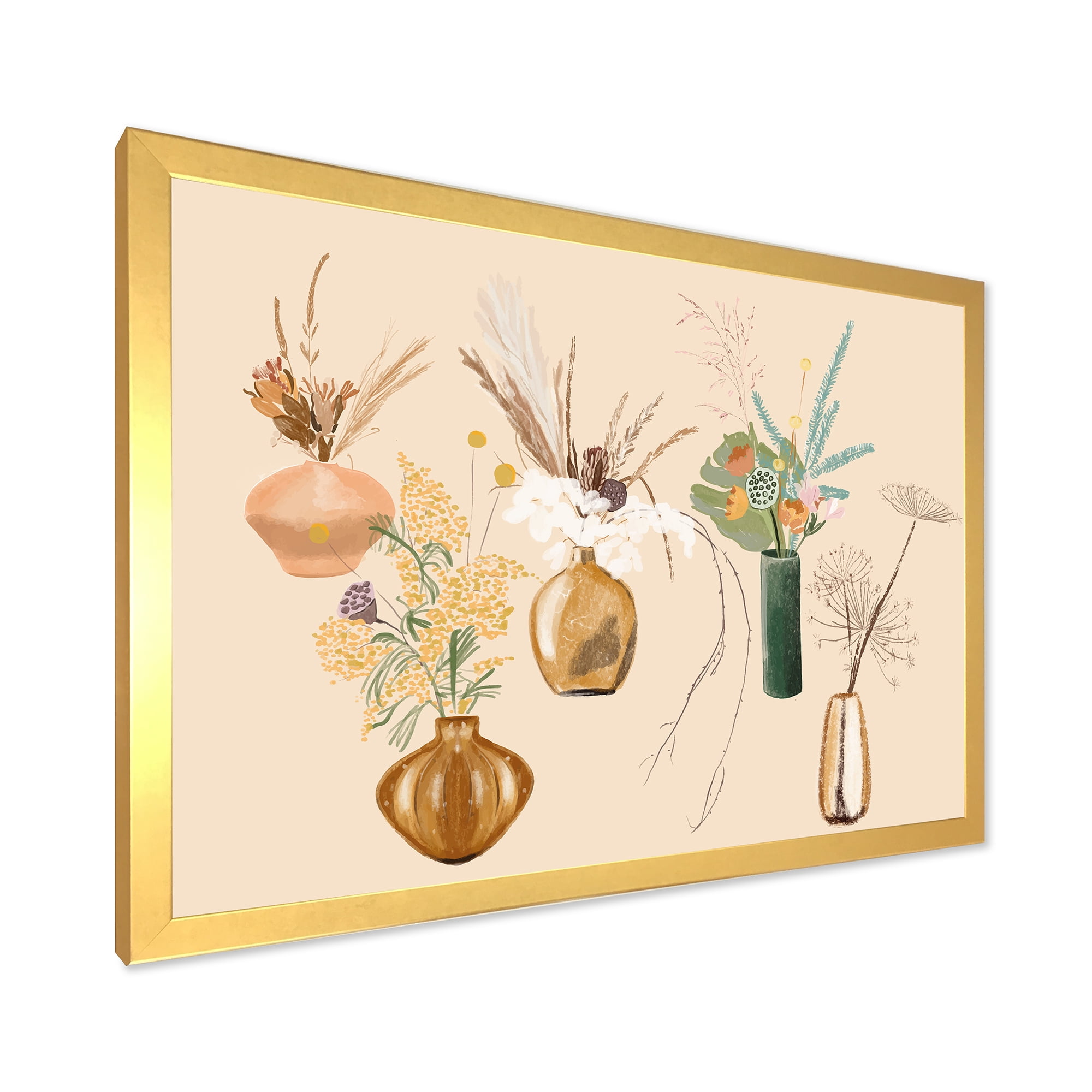 Designart 'Gold Vases With Bouquets Of Wildflowers III' Traditional Framed Art Print