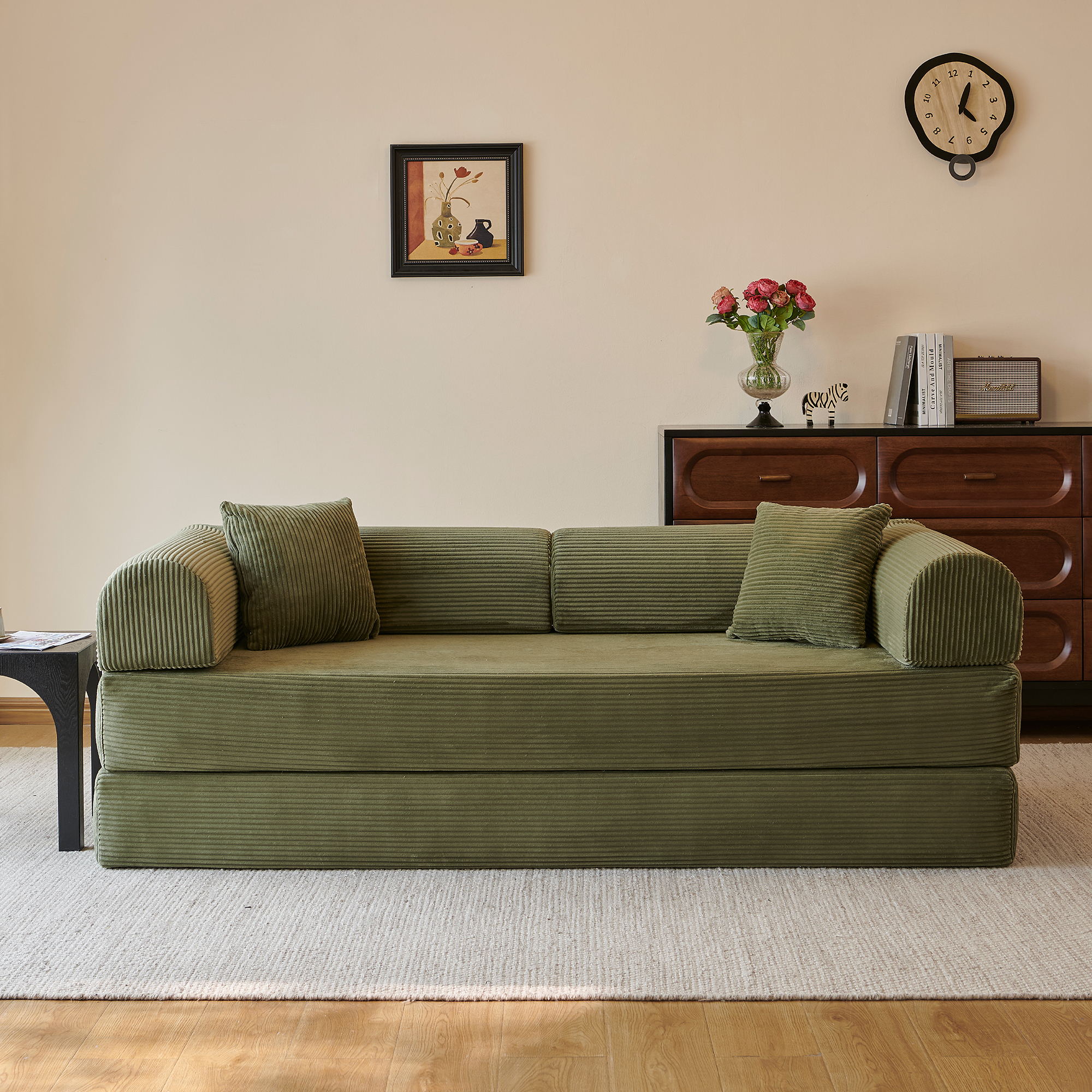Leumius 78.8" Convertible Sofa Bed with Pillow Back Support Armrest,Comfy Corduroy Fabric Boneless Modular Sectional Sofa,Futon Couch Sleeper Bed for Living Room,Bedroom,Green