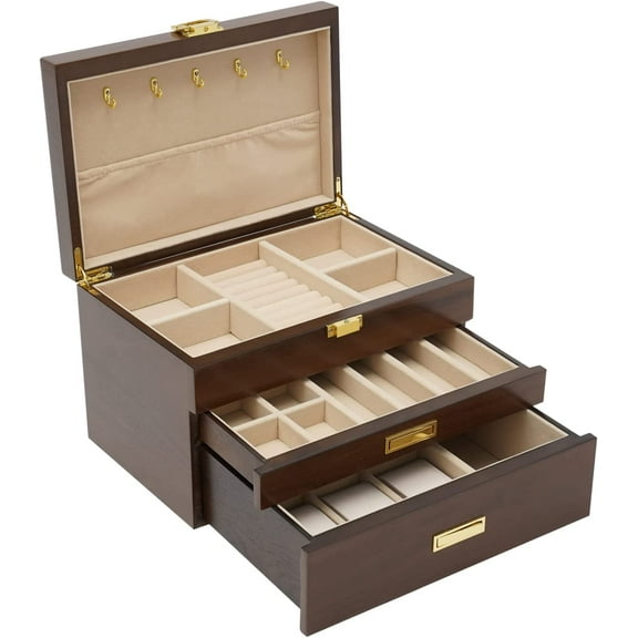 LOYALHEARTDY Jewelry Organizer Box, Black Walnut Painted 3 Layers Jewelry Storage Organizer with Buckle Table Top Rectangular Jwelry Case for Jewelries Earrings Watch Ring Necklace Gift