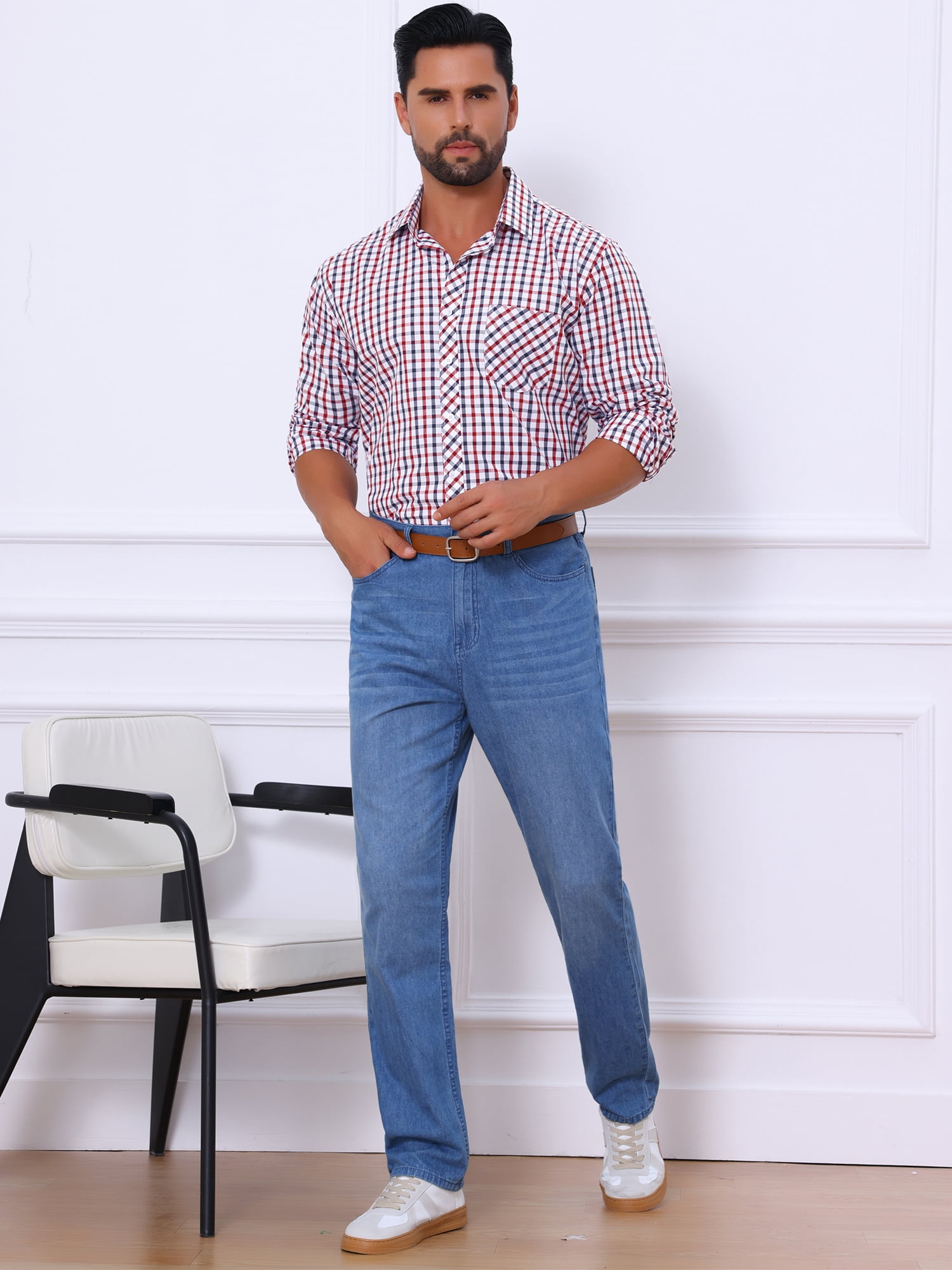 DARING DIVA Men's Long Sleeve Checked Shirt Point Collar Button Plaid Shirt L Red Blue