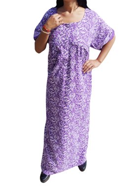 Mogul Womens Cotton Purple Caftan Dress Nightwear Summer Comfy Printed Short Sleeves Sleepwear Maxi Kaftan
