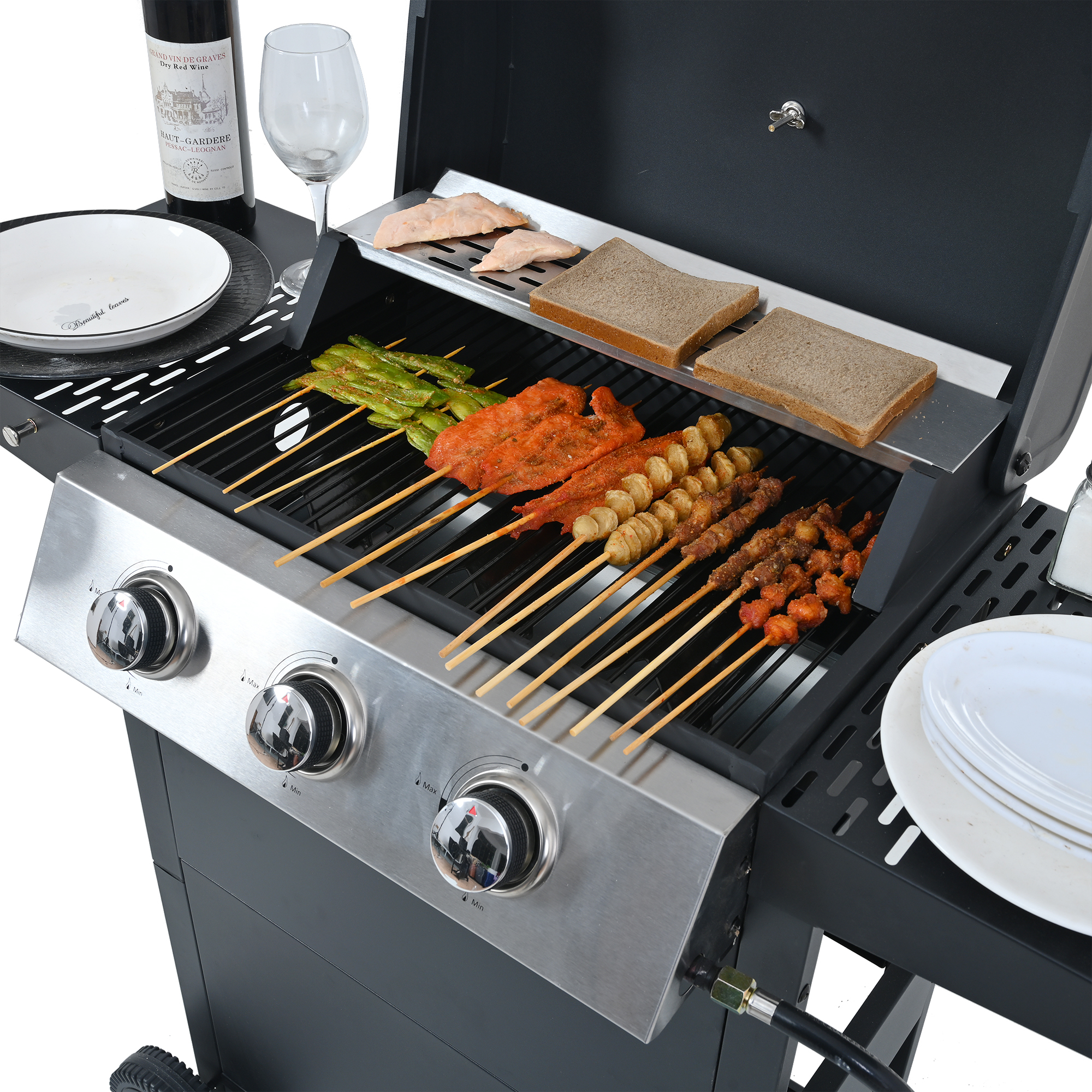 HQZX 3-Burner Propane Gas Outdoor Stainless Steel Grill with 2 Racks, for Camping and Garden