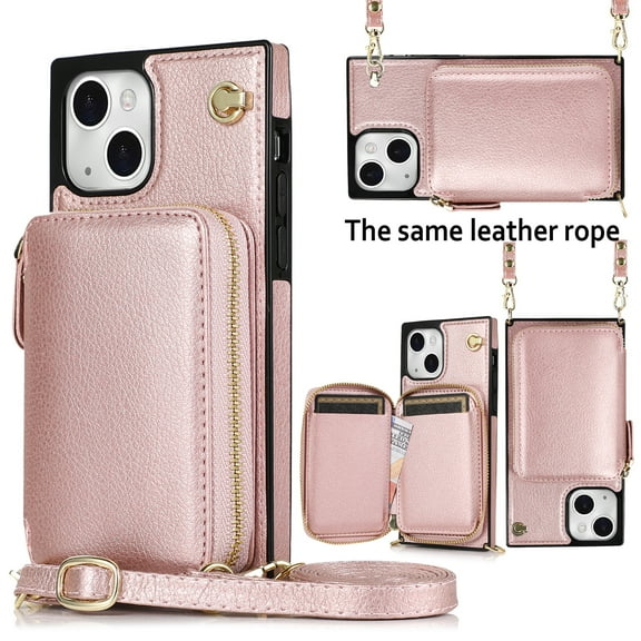 TECH CIRCLE For iPhone 8 Plus/7 Plus Wallet Case,Card Holder Phone Case for Women, Zipper PU Leather Purse Kickstand Folio Flip Case with Crossbody Strap for Apple iPhone 8 Plus/7 Plus 5.5",Rosegold