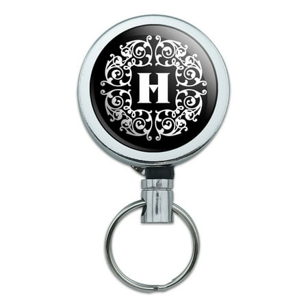 - Letter H Initial Black White Scrolls Retractable Belt Clip Badge Key Holder
