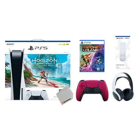 Sony Playstation 5 Disc Horizon Forbidden West Bundle with Extra Cosmic Red Controller, White PULSE 3D Headset, Ratchet and Clank: Rift Apart and Remote