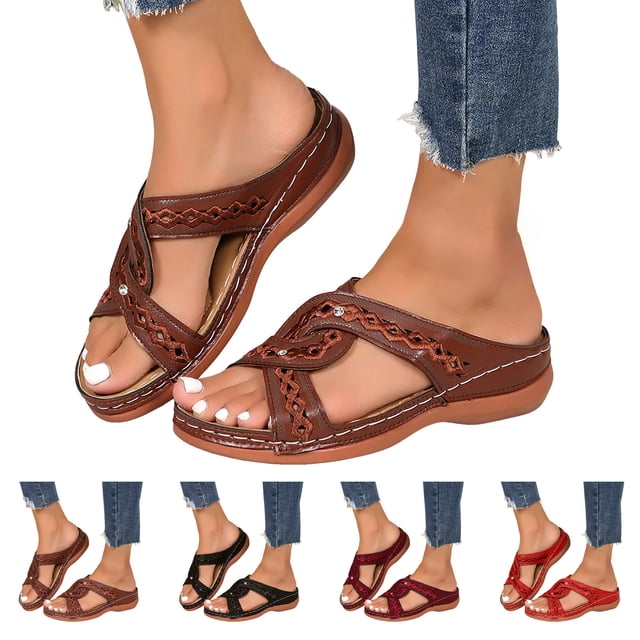 Pandaie Sandales à Petit Talon Compensé pour Femmes, Habillées, à Plateforme, à Bout Ouvert, Mules Confortables pour la Marche, Décontractées, à Enfiler, Chaussures d'Été, Rouge, 6