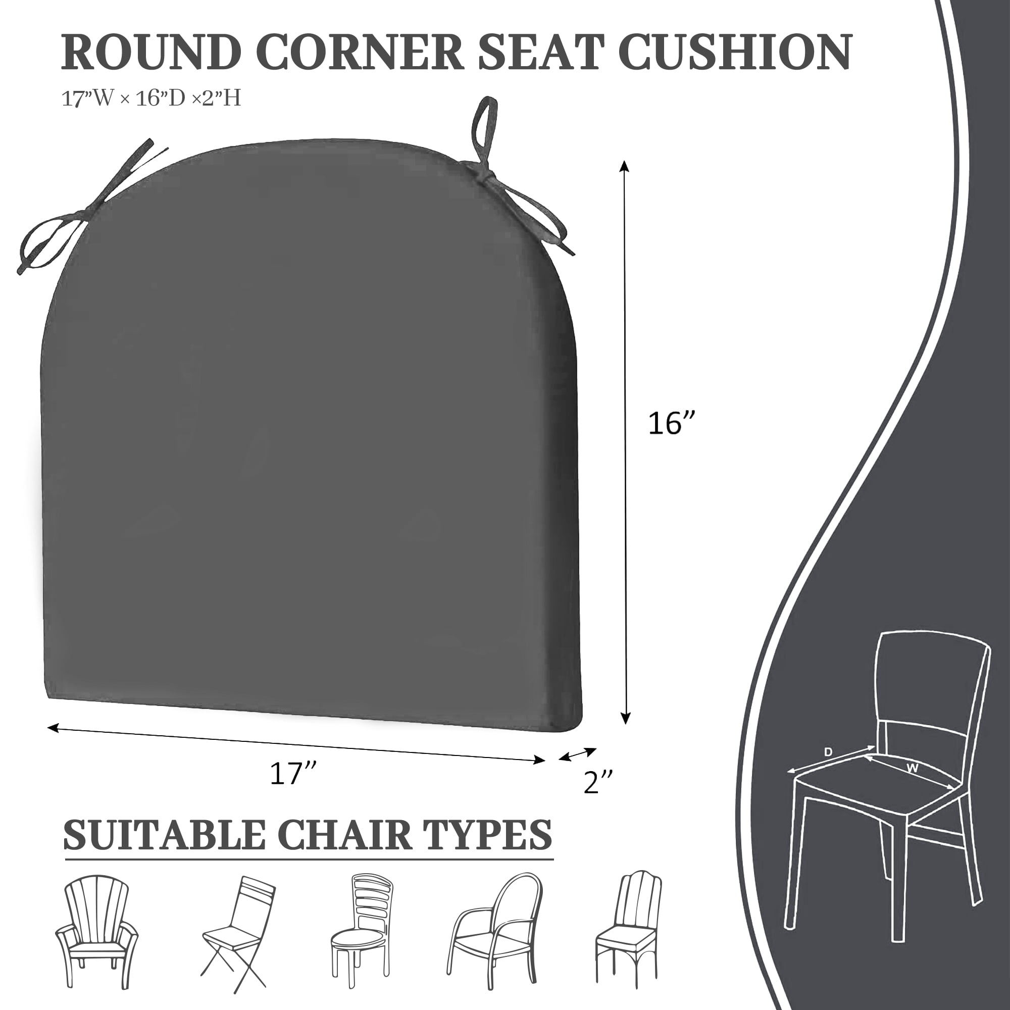 Unikome 4-Pack Outdoor Chair Cushions, Waterproof High-Density Foam, Round Corner, 17 x 16 x 2 inch, Dark Gray