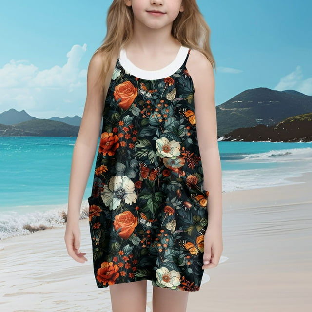 LOVZFMLL Robe d'Été à Bretelles Imprimée pour Filles avec Poche