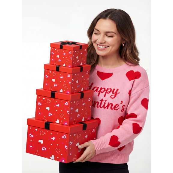 4 Pcs Valentines Nesting Gift Boxes with Lids Holiday Assorted Sizes for Valentine's Presents Flower Birthday Bridesmaid Wedding Christmas Party Favor(Classic)
