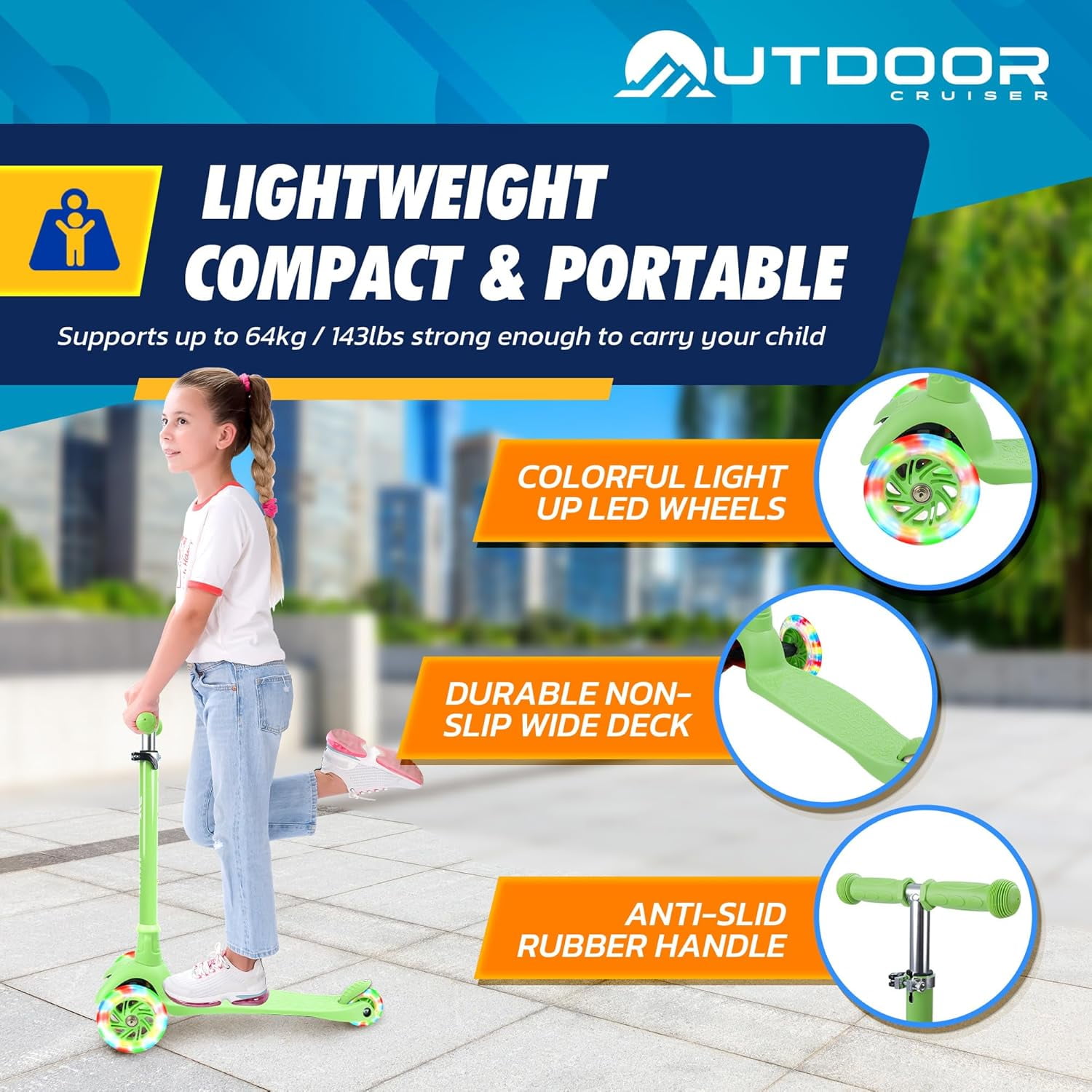 OutdoorCruiser Green 3-Wheel Kids Scooter – Lean-to-Steer, Wide Deck, LED Wheels, Adjustable T-Bar, 150 lbs Capacity