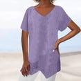 thumbnail image 4 of tklpehg Womens Tops Lightweight Loose Blouses Casual V-Neck Cotton Linen Irregular Blouse Tops Summer Vintage Solid Color Going Out Tops Short Sleeve Tee Shirt Blouses (Purple,S), 4 of 6