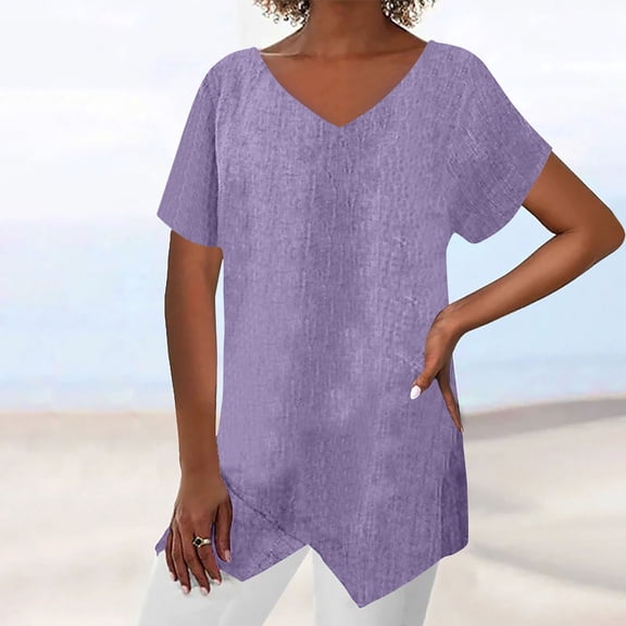 Mceream Women's Linen Shirt Short Sleeve V Neck Irregular Hem Top Oversized Loose Fit Summer Cute Tees Outfits Blouse Plus Size Purple M