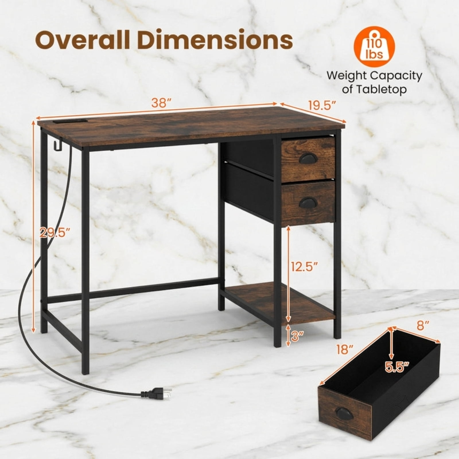 Furnibear Computer Desk Small Home Office Desk with Charging Station and 2 Fabric Drawers for Small Spaces Study, Rustic Brown
