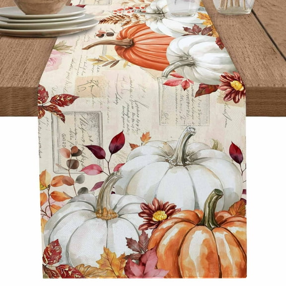 Thanksgiving Fall Table Runner 120 Inches Long for Dining Table Decor,Orange Brown Pumpkin Eucalyptus Leaves Burlap Linen Farmhouse Table Runner Coffee Table Runners Dresser for Kitchen Party Holiday