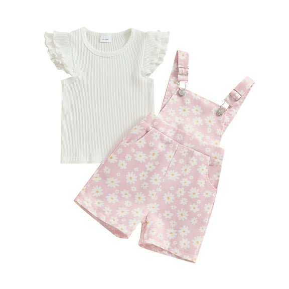 Aojekbee 2PCS Baby Girls Summer Outfits Fly Sleeve Ribbed Tops   Daisy Suspender Shorts Set Toddler Clothes