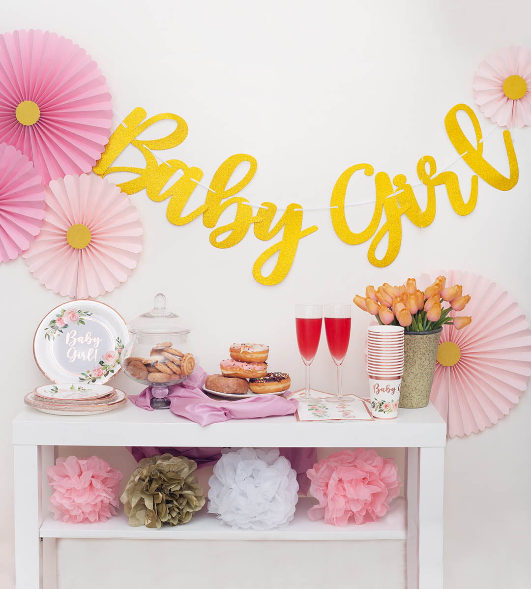 Baby Shower Decorations for Girl，242 PCS of Floral Girl Baby Shower  Decorations Party Supplies with Background,Disposable Tableware（25  guests),It's A