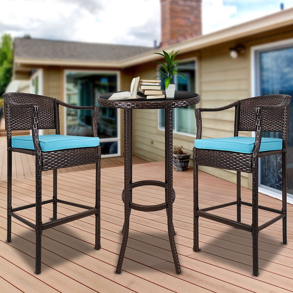 3 PCS Outdoor Patio Rattan Bar Set w/Cushion Garden Barstool Furniture Sets