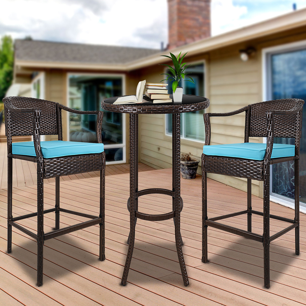 Outdoor High Top Table and Chair, Patio Furniture High Top Table Set with Glass Coffee Table, Removable Cushions, Outdoor Bar Table with Chair, Patio Bistro Set for Backyard Poolside Balcony, Q17052 - image 3 of 13
