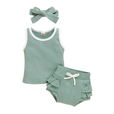 

DNDKILG Infant Baby Toddler Girls Sleeveless Outfits Tank Top and Bow Shorts Set Clothes Set Summer with Headband Green 3M-18M 80