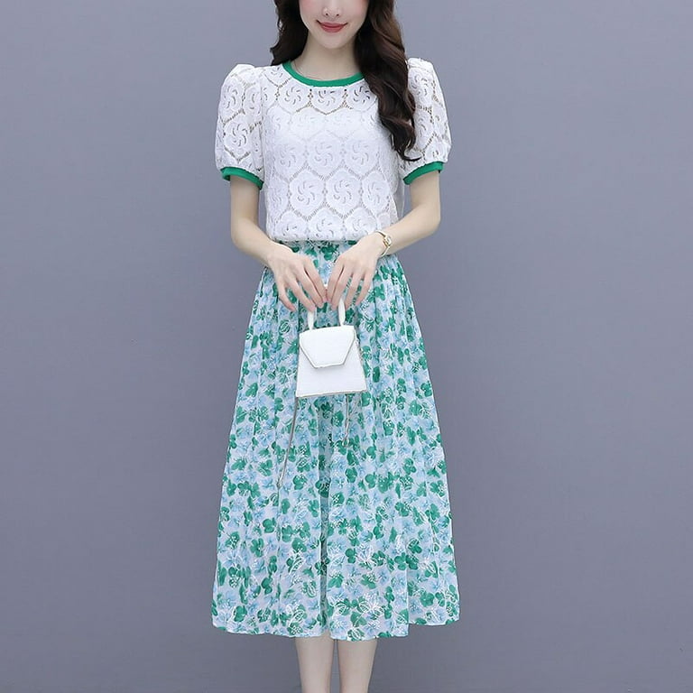 DanceeMangoo Two Piece suit summer Womens Outfits Korean Style Dress Suits  Short sleeves Printed T-shirt high waist Skirt suit 
