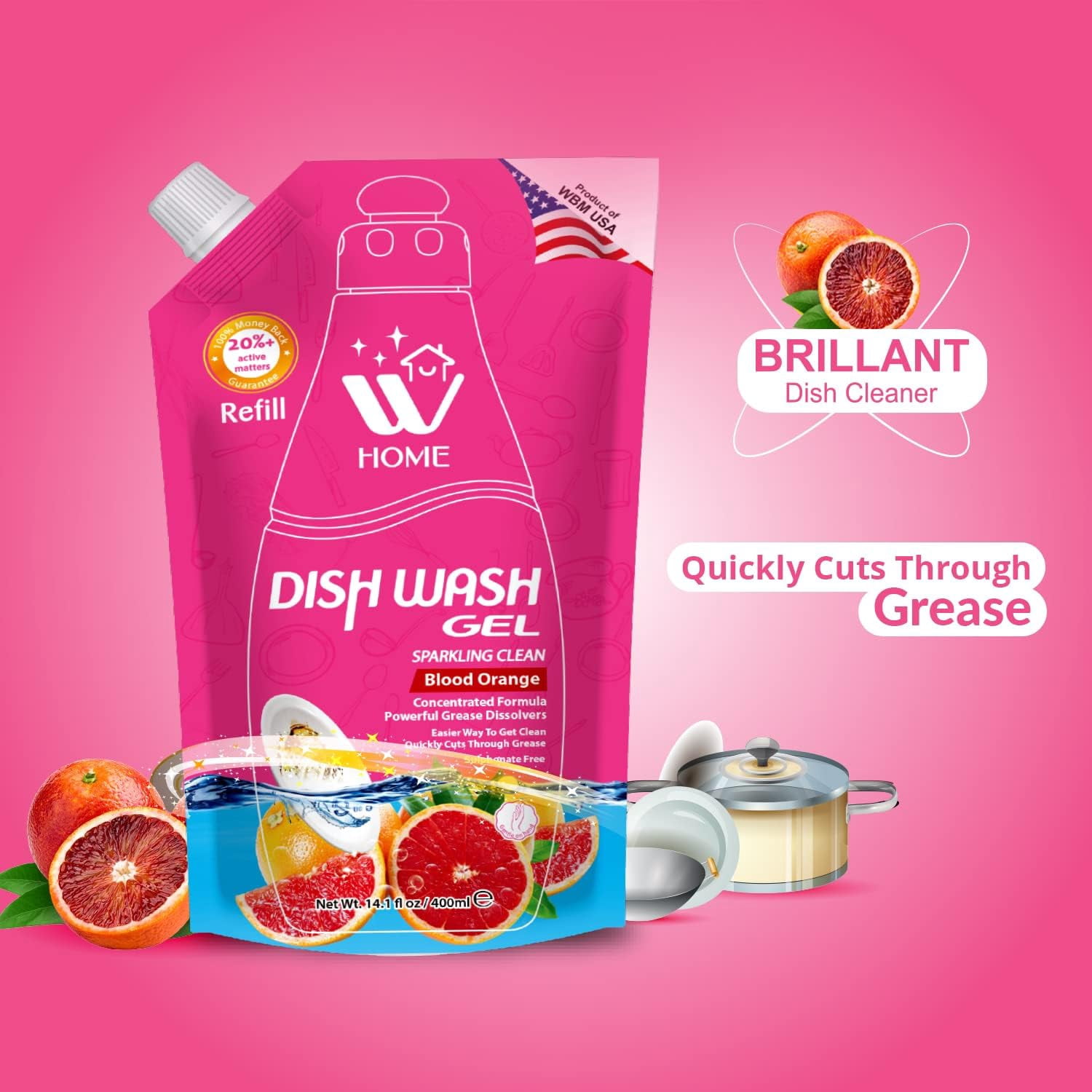 WBM Home Liquid Dish Soap Refills, Ultra Grease Fighting Power, Formulated with Blood Orange Extracts, 400ml Each - Pack of 3
