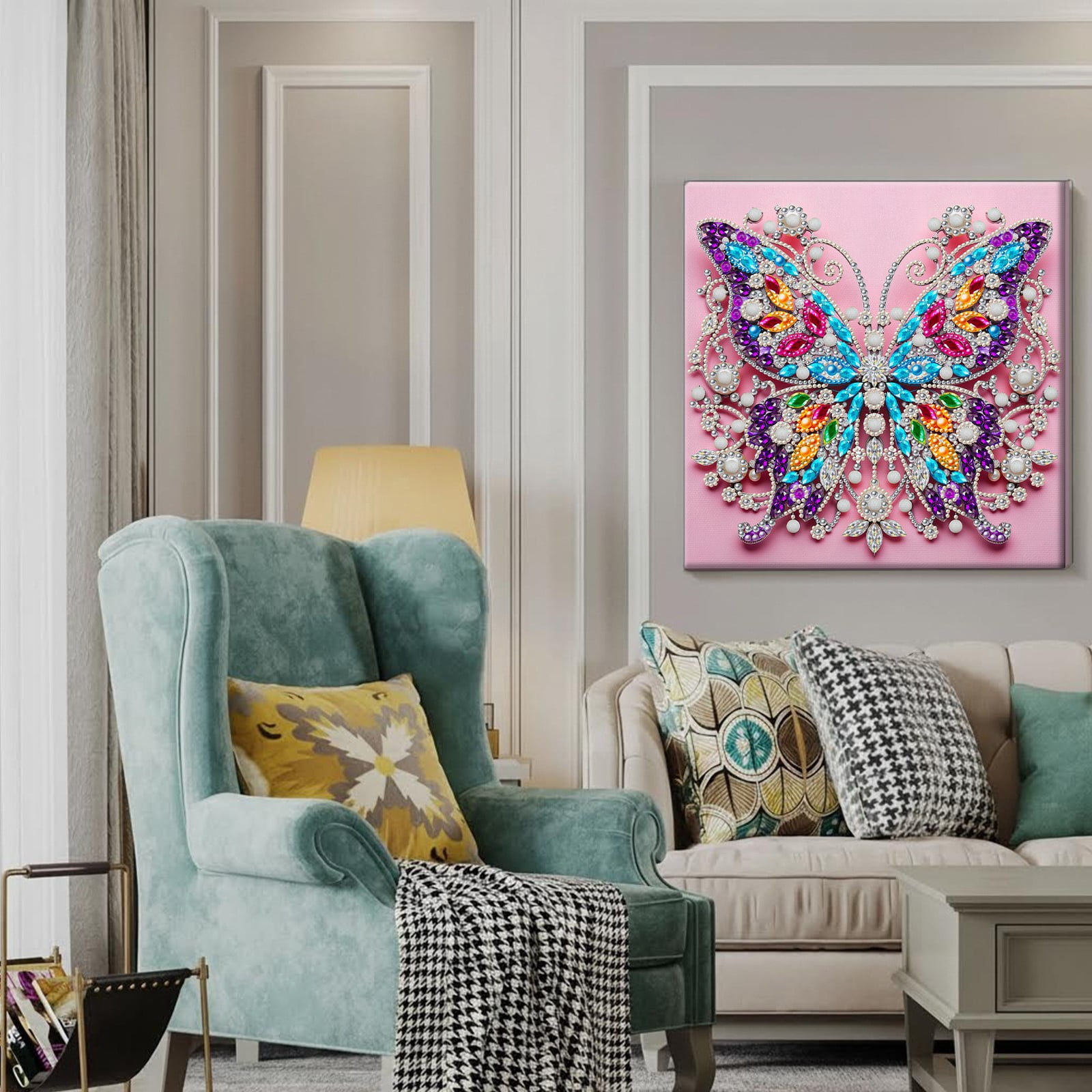 FLOPESN DIY Pearl Painting Kit with Wood Frame, 11.42x11.42 Inch Home Wall Art Decor, Mindful Adult Craft for Stress Relief and Relaxation-Butterfly-1
