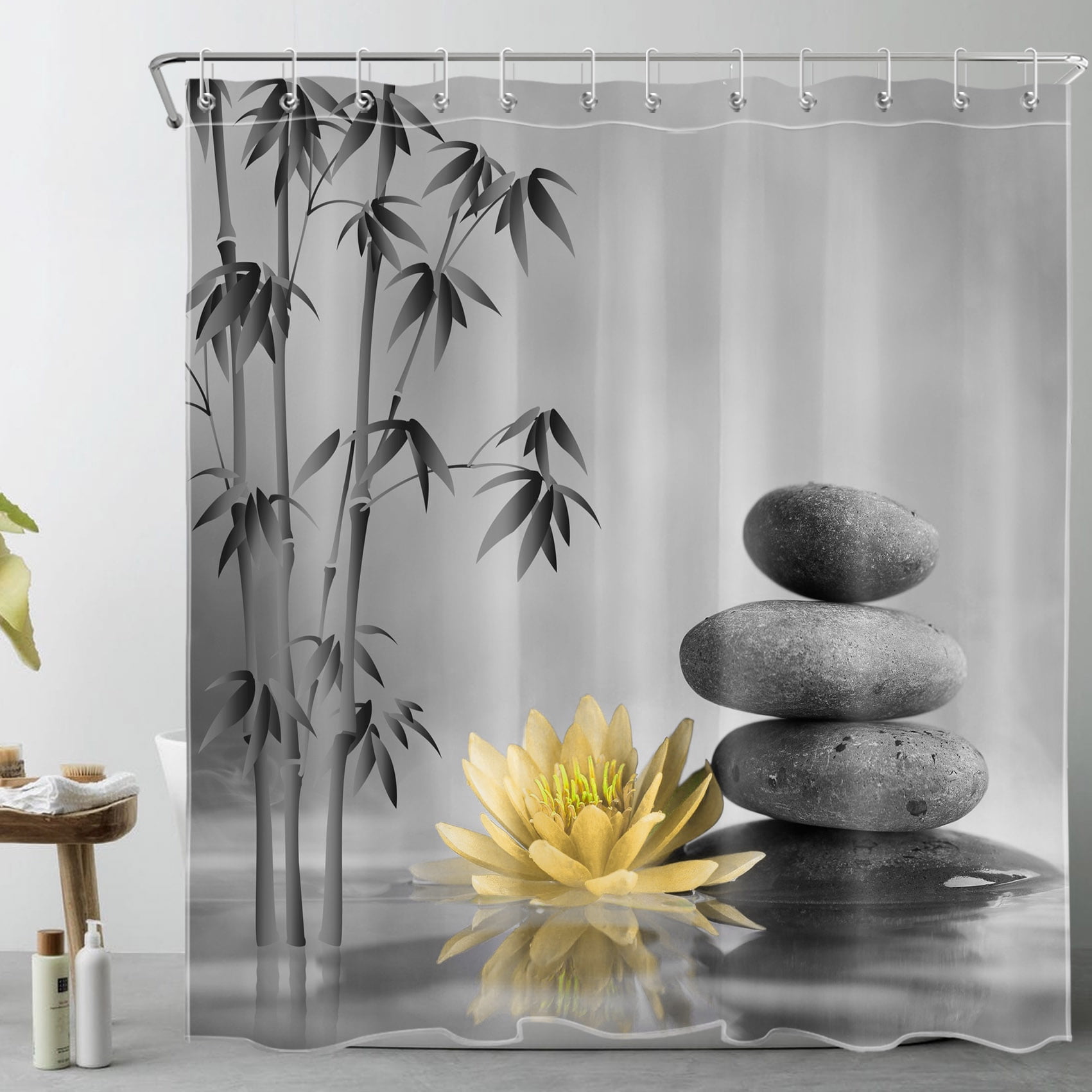 Zen Garden Shower Curtain for Bathroom Yellow Flower Spa Stones Bamboo Tree on the Water Relaxation Theraphy Peace Shower Curtain Polyester Fabric Bathroom Shower Curtain with 12 Hooks, 72x78 Inches