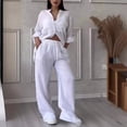 thumbnail image 4 of Women's Casual Solid-Color Cotton-Linen Shirt and Drawstring Wide-Leg Pants Set, 4 of 5