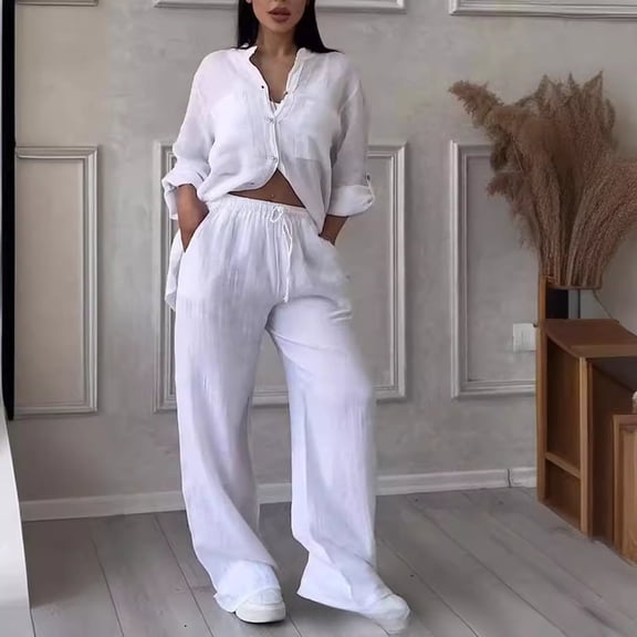 Women's Casual Solid-Color Cotton-Linen Shirt and Drawstring Wide-Leg Pants Set